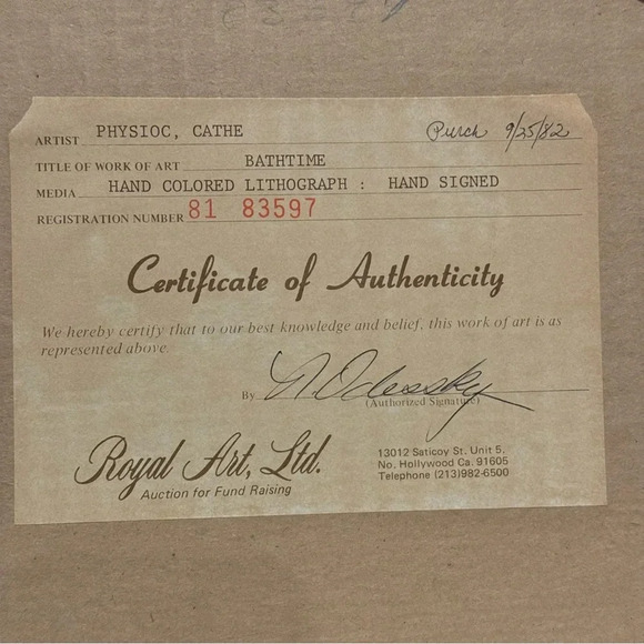 Cathe Physico signed Lithograph Bath Time 1980s Framed Matted - Picture 8 of 8